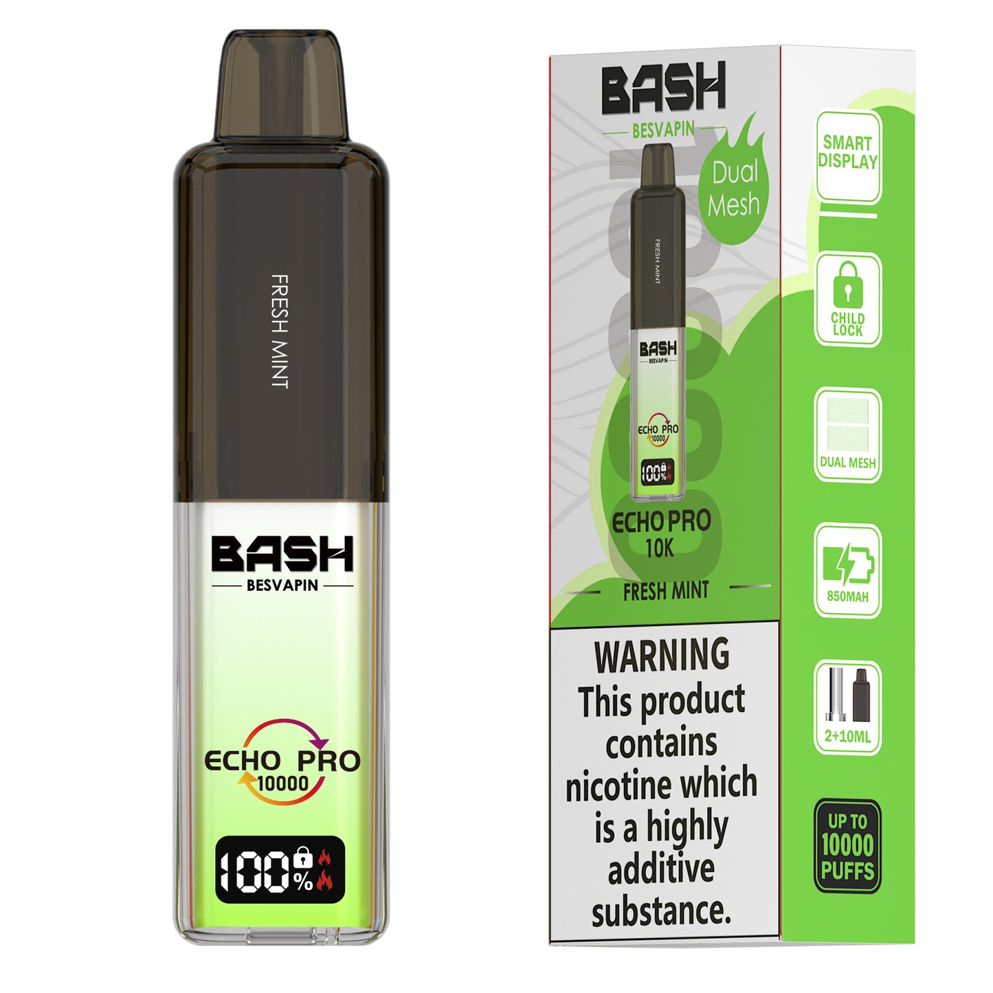 BASH Prefilled Vape Pod Kit - Fresh Mint- 10K puffs- 20mg