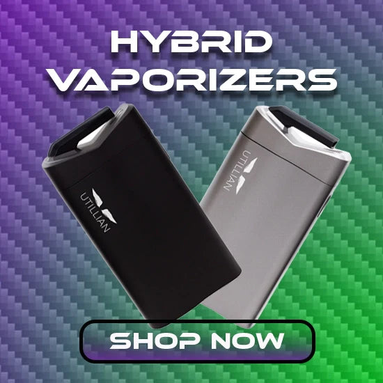 Hybrid vaporizer with dual-use design for dry herb and concentrates, featured on gradient tech-inspired background – Electrovape collection banner