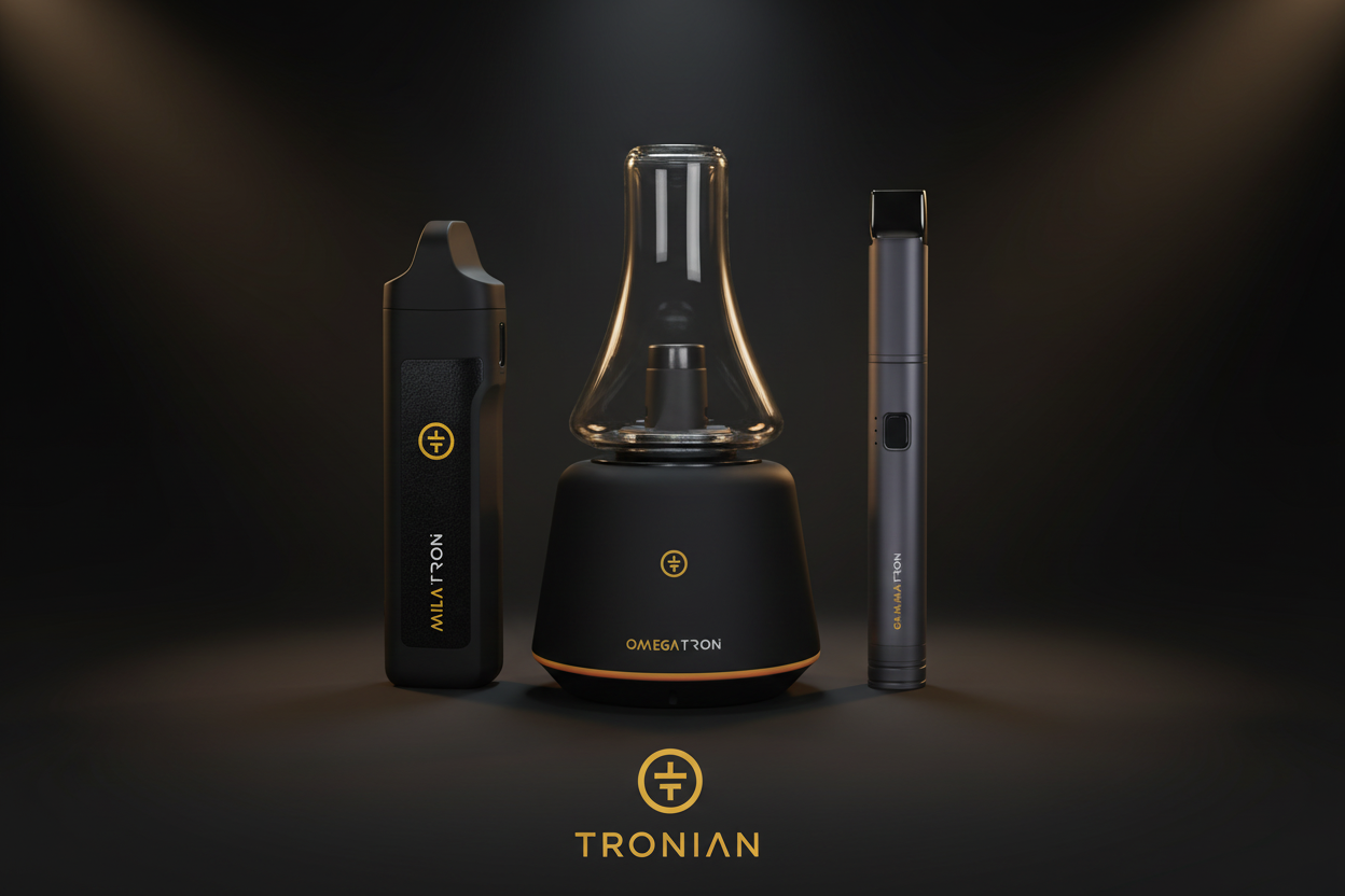 Tronian Vaporizer Range – Milatron, Omegatron and Gammatron devices displayed together on a dark background