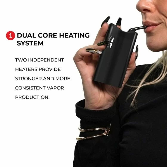 Person using a black Italian 850 device with text about dual core heating system.