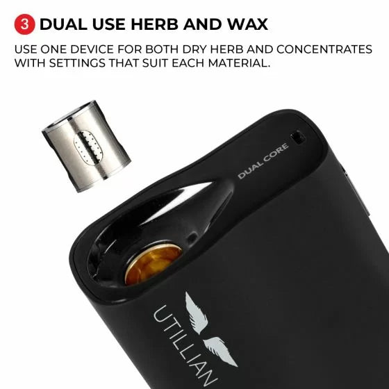 Black Utillian 850 vape with dual use herb and wax feature, featuring the brand 'Utillian'.