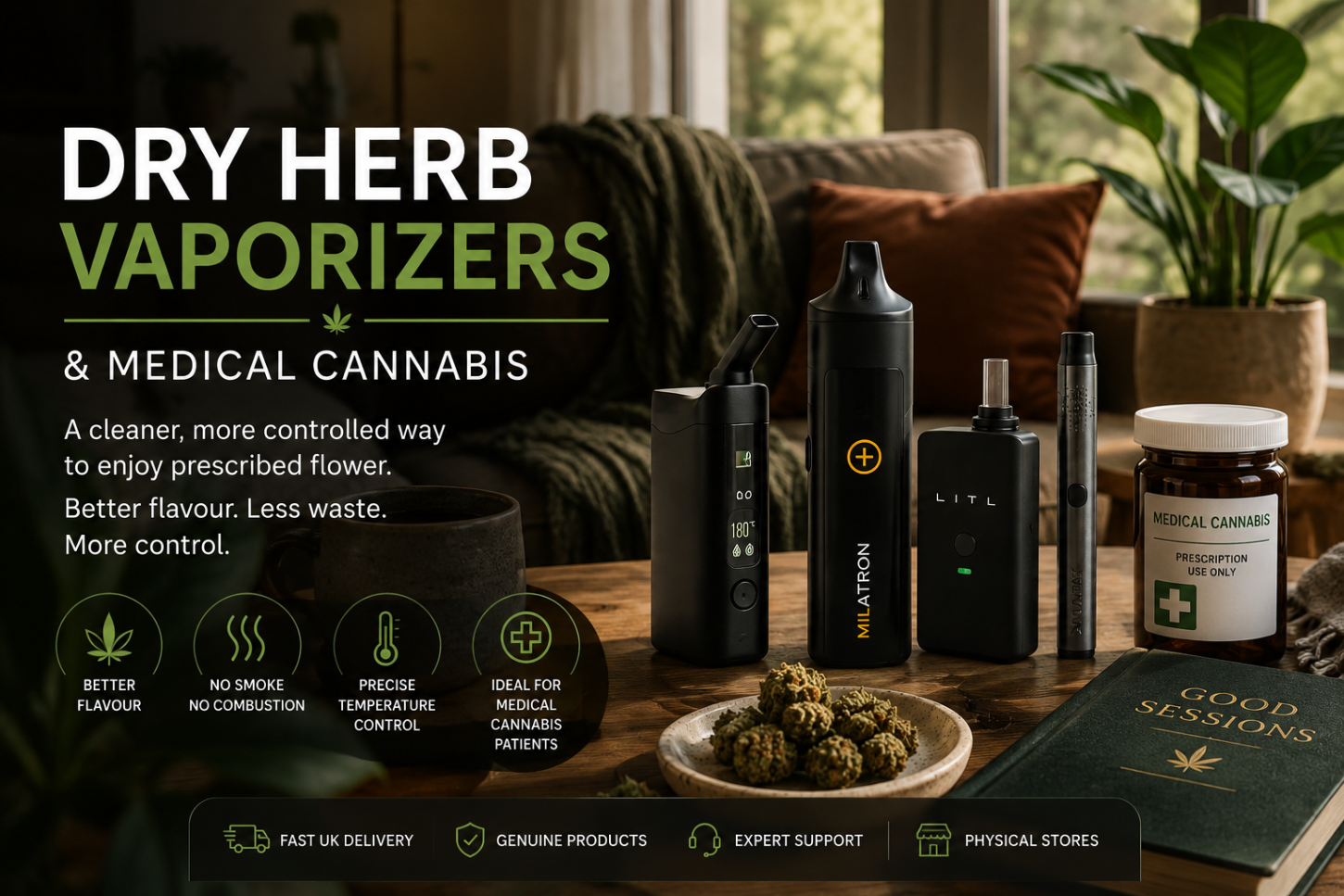 Dry herb vaporizers and medical cannabis products on a table with benefits text.
