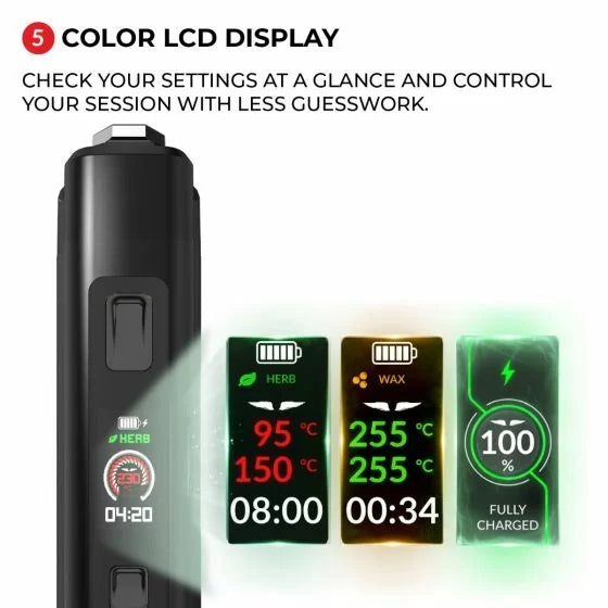Utillian 850 vape device with colour LCD display showing temperature control settings and status on a white background.