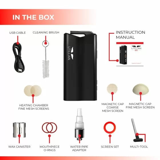 Product packaging contents of the utillian 850 with various components listed and their respective icons.