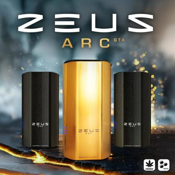 ZEUS ARC GT4 vape devices with two variants black and gold, on a dark background with glowing elements.
